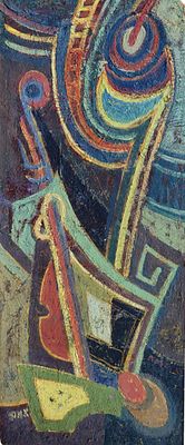 Itzhak Amitai (Israeli, 1907-1984) - The Double Bass Player, Oil on cardboard, 51 x 21 cm, Signed