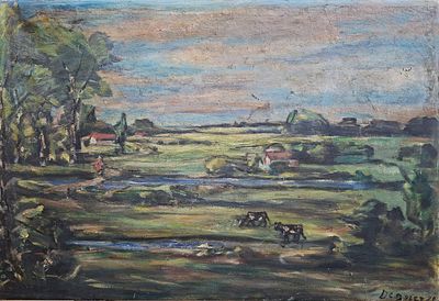 Arthur Degner (German, 1888-1972) - נוף כפרי בשקיעה, 1925, שמן על בד, 66X96 ס"מ, חתום ומתוארך.