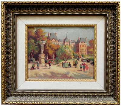 European School, the early 20th Century - Figures in the park, Oil on wood, 18 x 23 cm, Signed