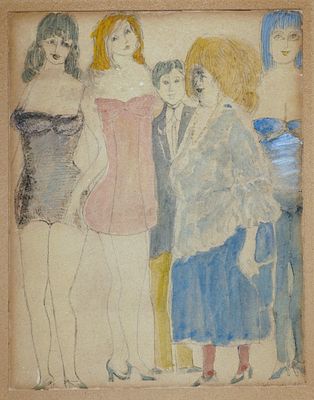 David Schneuer (Israeli - German, 1905-1988) - The Madam and Her Girls, 1970, Watercolor on paper 