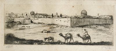 Jacob Eisenberg (Israeli - Polish, 1897-1966) - Arab and camels in landscape of Jerusalem Old City 