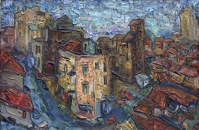 Lera (Valerija) Barshtein (Israeli - Russian, b. 1961) - View of central Jerusalem, 1991, Oil on 