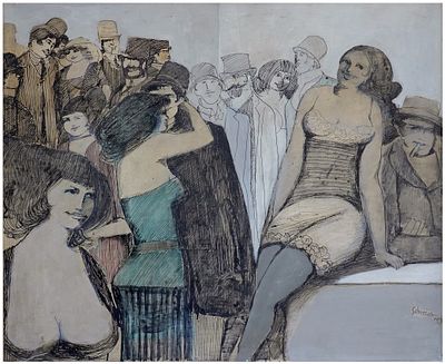 David Schneuer (Israeli - German, 1905-1988) - Party, 1974, Mixed media on paper (attached to 