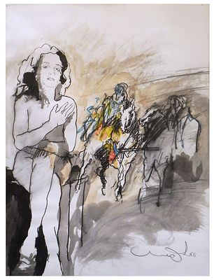 Uri Lifschitz (Israeli, 1936-2011) - A woman and riders in the desert landscape, Mixed media on 