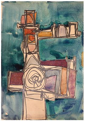 Menachem Lemberger (Israeli, 1938-1992) - Composition, Graphite and watercolor on paper, 50 x 34 