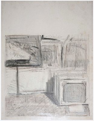 Yadid Rubin (Israeli, 1938-2012) - Still life in the studio with works, 1976, Mixed media on paper 