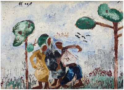 Zvi Shinar (Israeli - Romanian, 1936-2007) - Three Figures in a Field, 1965, Oil on canvas mounted 