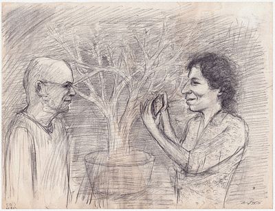 Boaz Arad (Israeli, 1956-2018) - Self-portrait with a friend, Pencil on paper, 22 x 28 cm, Signed