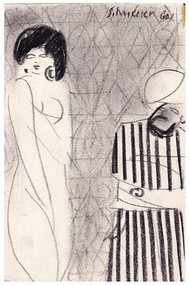 David Schneuer (Israeli - German, 1905-1988) - Bar scene, 1960, Graphite on paper, 14 x 9 cm 