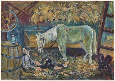 Moshe Fishzon (Israeli - Polish, 1908-1982) - A Jew rests in a stable, Oil on canvas, 50 x 70 cm 