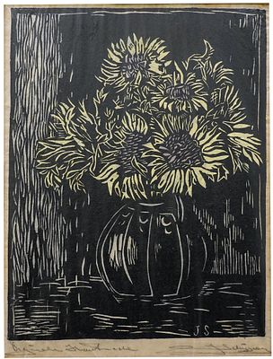 Jan Schrijver (Dutch, b. 1949) - Sunflowers in a vase, Linocut (matted), 22 x 17 cm, Signed in 