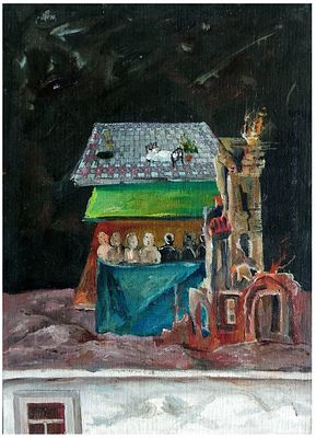 David Meshulam (Israeli - Bulgarian, 1930-1987) - Figures in the house, Oil on canvas (attached to 
