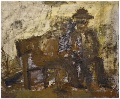 Amos Rabin (Israeli, b. 1950) - Old couple sitting on bench, 1987, Oil on canvas (attached to 