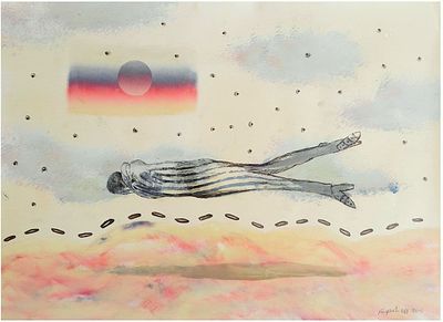 Oded Feingersh (Israeli, b. 1938) - Man flying in the German flag sky, Acrylic on paper, 50 x 70 