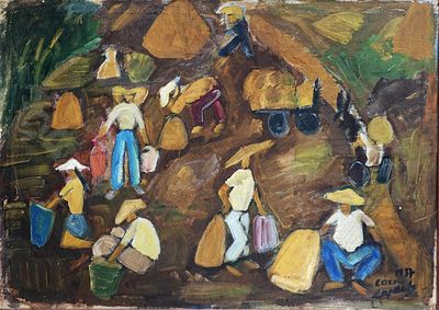 Coca Lapidoth (Israeli - Romanian, 1932-1985) - Workers in the Field, 1957, Oil on canvas, 49 x 79 