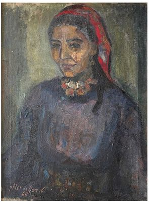 Tova Richter-Rauch (Polish - Israeli, XX) - Portrait of a woman in a red headscarf, 1965, Oil on 