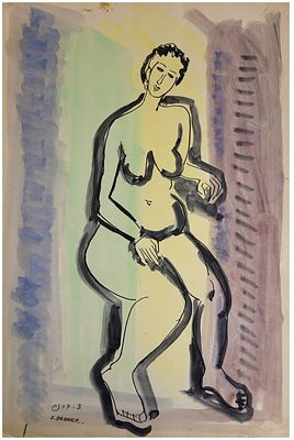 Zippora Brenner (Israeli, 1917-2010) - Seated nude, Watercolor on paper, 49 x 33 cm, Signed