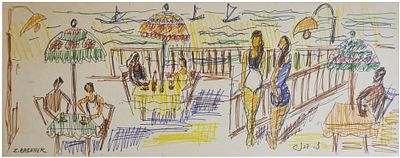 Zippora Brenner (Israeli, 1917-2010) - View of Tel Aviv promenade, 1950s, Colored India ink on 