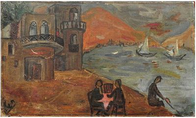 Hava Gal-On (Israeli, b. 1945) - On the promenade of Tiberias, Sea of Galilee, Oil on wood, 46 x 