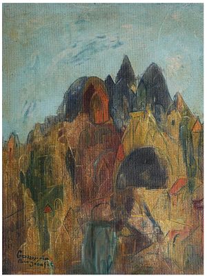 Yehuda Bar Yoshafat (Israeli, 1922-1993) - Village in mountain landscape, Oil on masonite, 66 x 50 