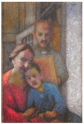 European School, early 20th Century - A family, 1922, Oil chalks on cardboard, 68 x 46 cm, Signed 