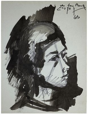 Shlomo Van den Berg (Israeli - German, 1920-1982) - Portrait of a girl, 1963, Watercolor and felt 