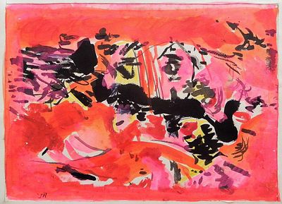 Mina Sisselman (Israeli, 1919-2010) - Landscape in red, Mixed media on paper (matted), 24 x 33 cm 