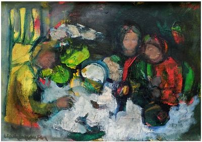 Arie Wachenhauser (Israeli - Polish, 1917-1998) - A feast, Oil on canvas, 36 x 50 cm, Signed on 