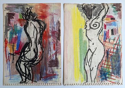 ארוין נויהאוס (הונגריה -צרפת, 1928-2012) - עירום / לוט שני רישומים, פסטל וגרפיט על נייר, 25x18 ס״מ 