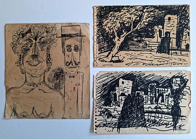 ארוין נויהאוס (הונגריה -צרפת, 1928-2012) - דיוקן זוג ונופי עיירה/ לוט שלושה רישומים, דיו על נייר 