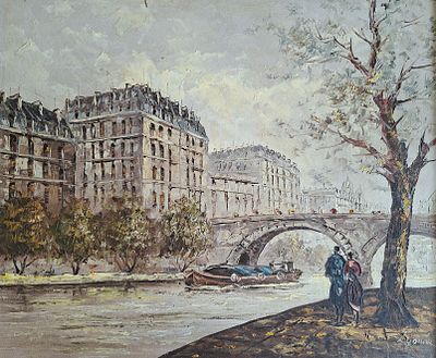 Lyonne (French, mid-20th century) - נוף נהר הסן עם גשר פונט נף ודמויות, שמן על בד מוצמד לקרטון 