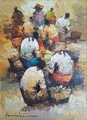 אלפרדו בואנונטורה (הפיליפינים, 1942-1982) - איכרים בשוק, שמן על בד, 61x44 ס״מ, חתום.