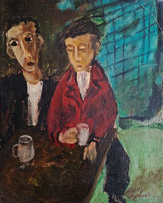 בוריס בורובין פרנקל (פולין, 1895-1984) - שתי דמויות במסבאה, שמן על בד, 41x33 ס״מ, חתום.