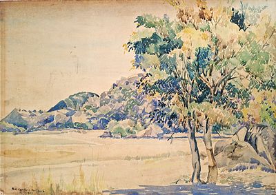 G. M. Carruthers Smith (פוסט-אימפרסיוניזם בריטי, ראשית המאה ה-20) - נוף, 1938, צבע מים על נייר 