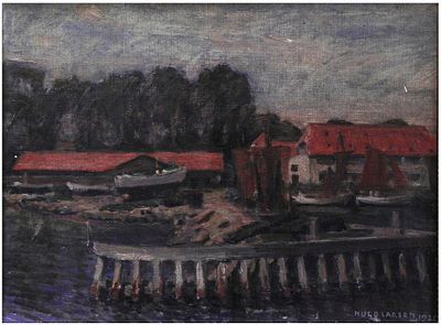 Hugo Valdemar Larsen (Danish, 1875-1950) - Harbor scene with boats at the pier, 1926, Oil on 