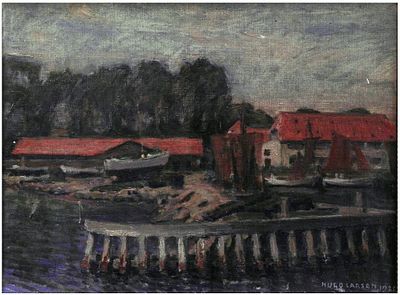 Hugo Valdemar Larsen (Danish, 1875-1950) - Harbor scene with boats at the pier, 1926, Oil on 