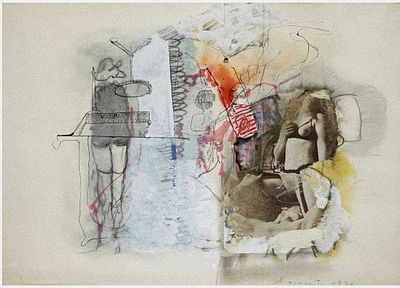 Moshe Givati (Israeli, 1934-2012) - Interior Scene with Nude, 1971, Mixed media on paper, 49 x 64 