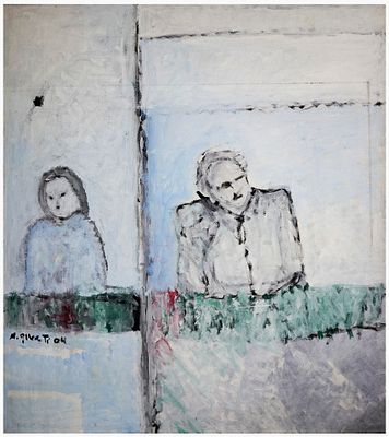 Moshe Givati (Israeli, 1934-2012) - Figures on the balcony, 2004, Oil on canvas, 110 x 80 cm, Signed
