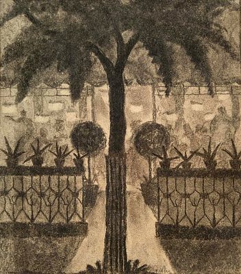 Unidentified German Expressionist Artist (Early 20th Century) - Garden Terrace with Figures, 1919 
