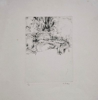 Anna Ticho (Israeli - Czech, 1894-1980) - Arab village view, Etching, Plate: 23 x 16 cm / Sheet: 