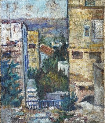 Jehuda (Istvan) Rodan (Romanian - Israeli, 1916-1985) - Urban landscape with houses, Oil on canvas 