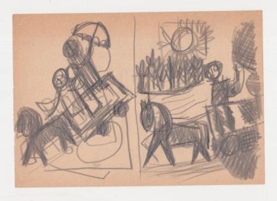 ליאו רוט (1914-2002) - דמויות ביום קיצי, עפרון על נייר, 14X20 ס"מ, לא חתום.