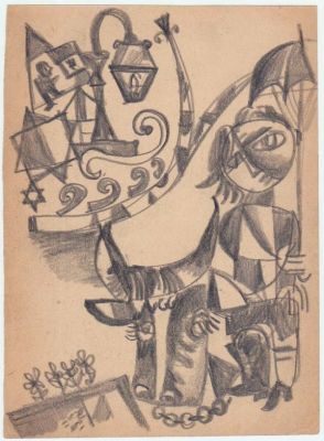 ליאו רוט (1914-2002) - הווי הקיבוץ עם מגיני דוד, עפרון על נייר, 19X14 ס"מ, לא חתום