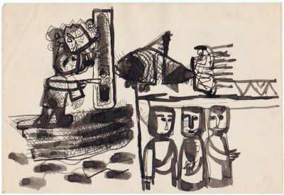 ליאו רוט (1914-2002) - דייגים בקיבוץ, דיו על נייר, 10X15 ס"מ, לא חתום.