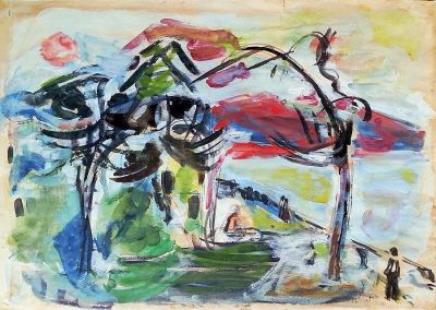 Chaya Schwartz (Israeli, 1912-2001) - Figure in the landscape, Gouache on paper, 35 x 50 cm , Signed