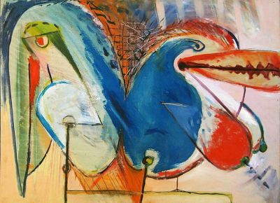 Michael Druks (Israeli - British, born 1940) - A Couple, 1965, Oil on wood, 62 x 91 cm, Signed and 