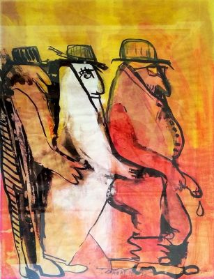 Michael Druks (Israeli - British, born 1940) - Secret agents, 1970, Gouache &amp; watercolor on 