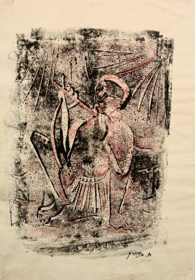 מרים אינהורן - חלילן, הדפס רשת, 40X28 ס"מ, חתום.