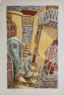 יצחק אמיתי (1907-1984) - דמות בסמטה, 1975, ליטוגרפיה, 56X38 ס"מ, חתומה, מתוארכת וממוספרת