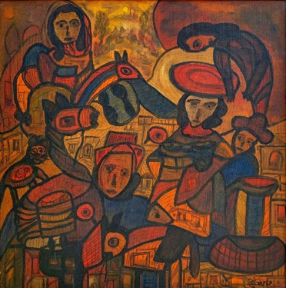 David Tamari (Israeli, born 1937) - Figures in the village landscape, Oil on masonite, 60 x 60 cm 